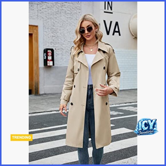 Double Breasted Long Trench Coat Windproof Slim Overcoat with Belt - Picture 3 of 7